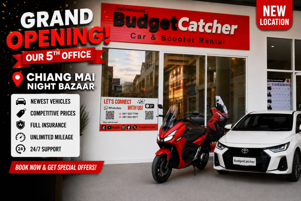 BudgetCatcher inaugure sa nouvelle agence au Chiang Mai Night Bazaar avec les dernières voitures et scooters de location pour explorer le nord de la Thaïlande.