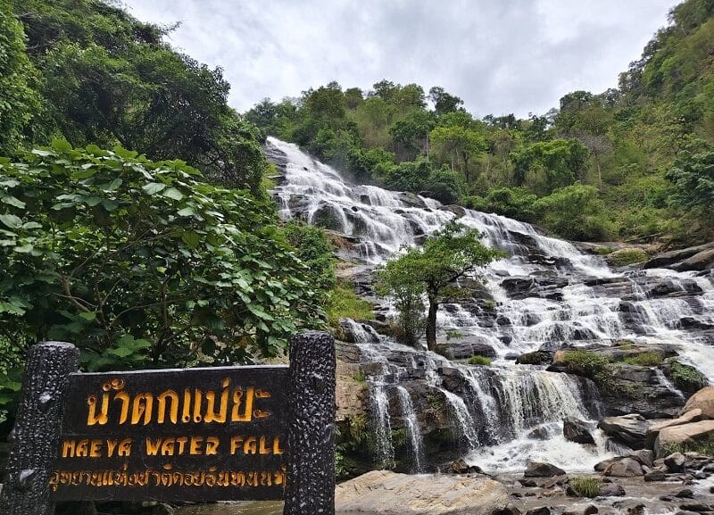 Close-up view of cascading water and rocky tiers at Mae Ya Waterfall